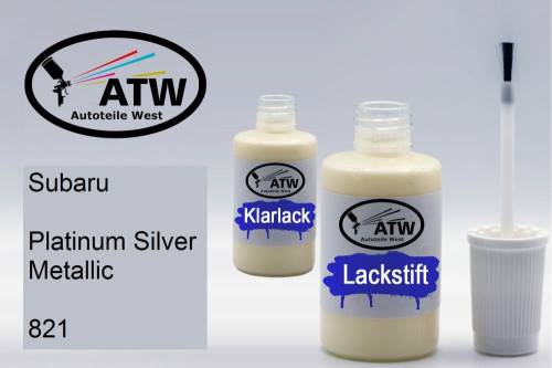 Subaru, Platinum Silver Metallic, 821: 20ml Lackstift + 20ml Klarlack - Set, von ATW Autoteile West.